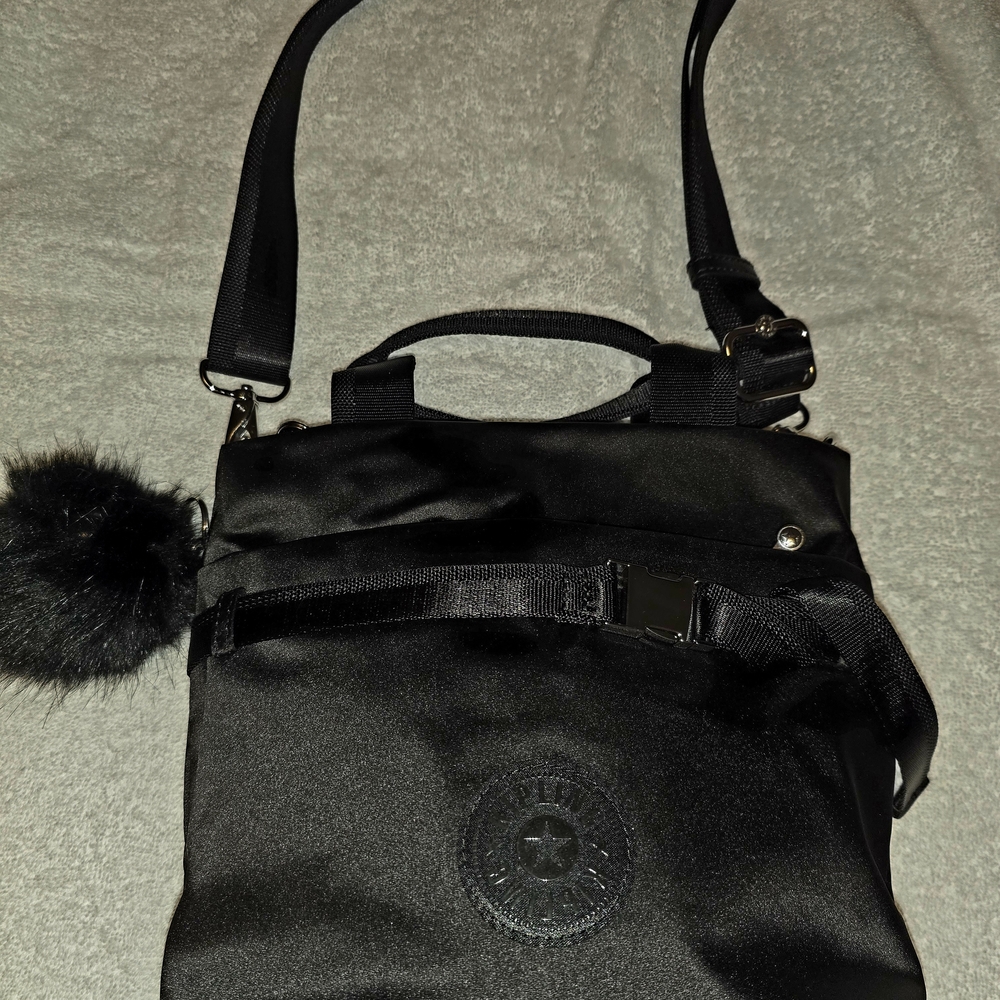 Kipling Satin Black Crossbody Bag with Pom Pom
